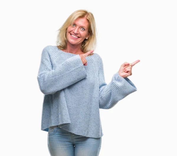 Middle Age Blonde Woman Wearing Winter Sweater Isolated Background Smiling — Stock Photo, Image