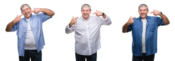 Collage Van Senior Hoary Man Witte Geïsoleerde Backgroud Glimlachend Vertrouwen — Stockfoto