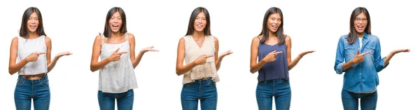 Collage Mujer Joven Asiática Pie Sobre Fondo Blanco Aislado Sorprendido — Foto de Stock