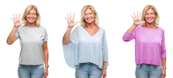 Collage Vackra Medelålders Blond Kvinna Över Vita Isolerade Backgroud Visar — Stockfoto