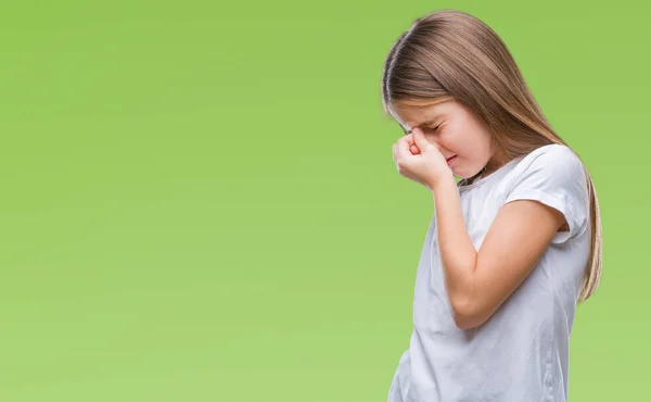 Young Beautiful Girl Isolated Background Tired Rubbing Nose Eyes Feeling — Stock Photo, Image