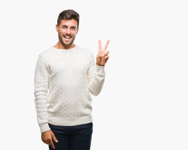 Joven Hombre Guapo Con Suéter Invierno Sobre Fondo Aislado Sonriendo — Foto de Stock