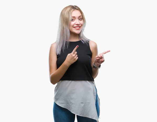 Young Blonde Woman Isolated Background Smiling Looking Camera Pointing Two — Stock Photo, Image
