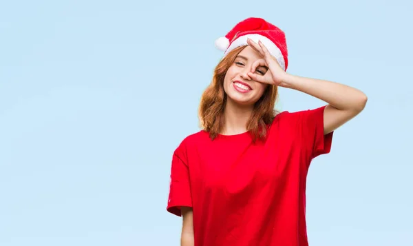 Giovane Bella Donna Sfondo Isolato Indossando Cappello Natale Facendo Gesto — Foto Stock