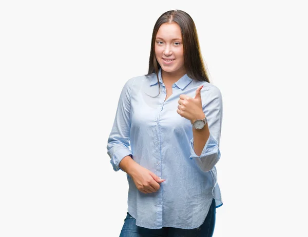 Joven Mujer Hermosa Caucásica Sobre Fondo Aislado Haciendo Pulgares Felices — Foto de Stock