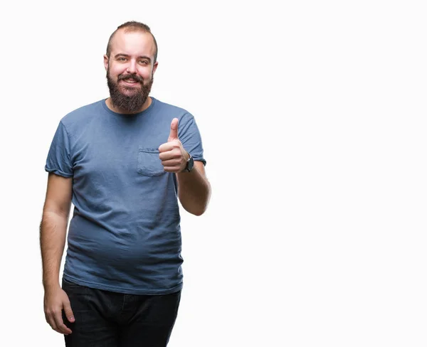 Unga Kaukasiska Hipster Man Över Isolerade Bakgrund Gör Glad Tummen — Stockfoto