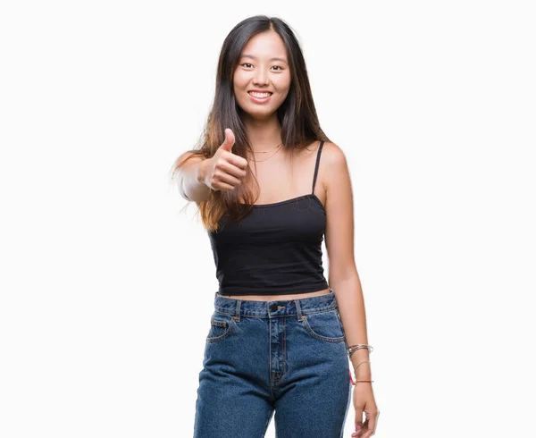 Joven Mujer Asiática Sobre Aislado Fondo Haciendo Felices Pulgares Hacia — Foto de Stock
