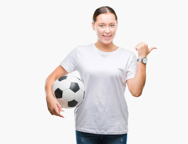 Joven Hermosa Mujer Caucásica Sosteniendo Pelota Fútbol Sobre Fondo Aislado —  Fotos de Stock