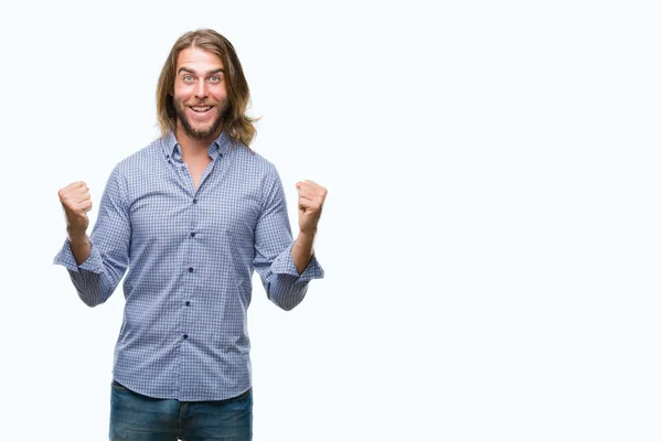 Young Handsome Man Long Hair Isolated Background Celebrating Surprised Amazed — Stock Photo, Image
