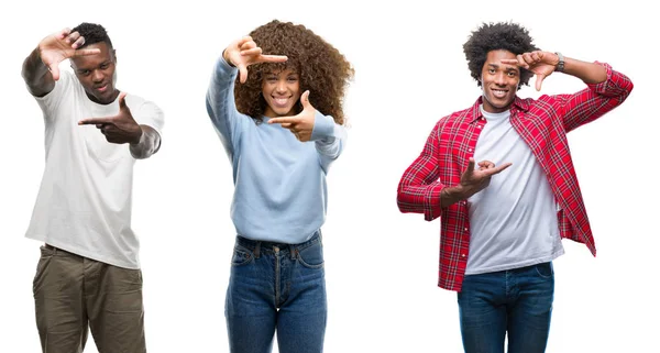 Collage Van Afrikaanse Amerikaanse Groep Mensen Geïsoleerde Achtergrond Glimlachend Maken — Stockfoto