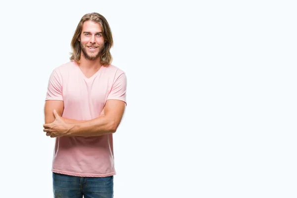 Young Handsome Man Long Hair Isolated Background Happy Face Smiling — Stock Photo, Image