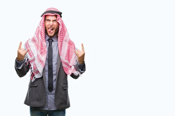 Joven Hombre Árabe Guapo Con Pelo Largo Usando Keffiyeh Sobre — Foto de Stock