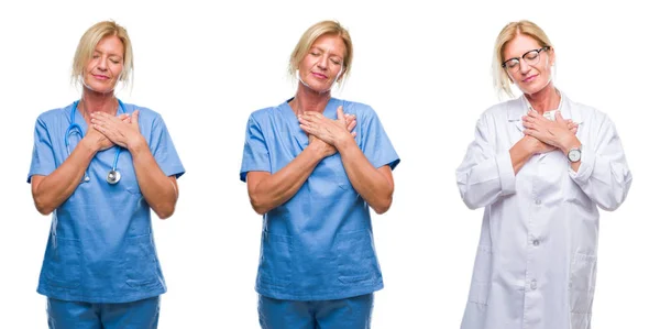 Колаж Красивої Блондинки Середнього Віку Жінки Лікаря Білої Ізольованої Грудей — стокове фото