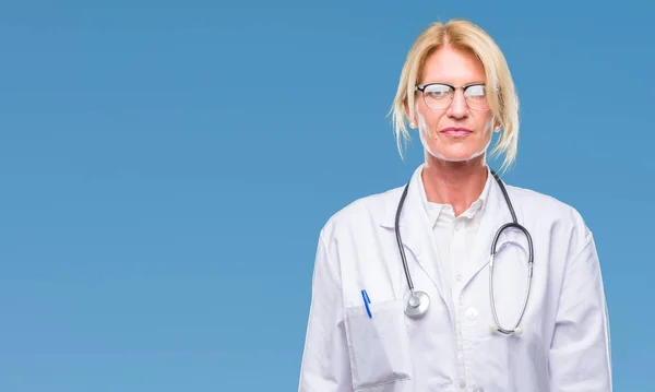 Middle Age Blonde Doctor Woman Isolated Background Serious Expression Face — Stock Photo, Image