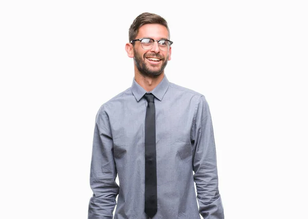 Młody Przystojny Biznesmen Białym Tle Patrząc Strony Uśmiechem Twarzy Naturalne — Zdjęcie stockowe