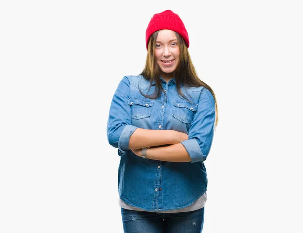 Joven Caucásica Hermosa Mujer Con Gorra Lana Sobre Fondo Aislado —  Fotos de Stock