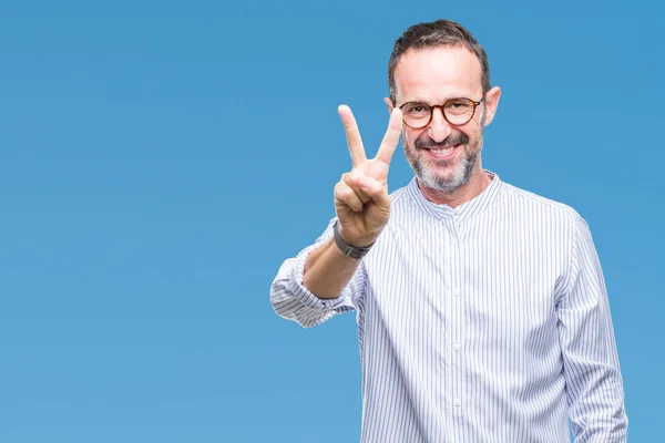 Mezza Età Hoary Anziano Uomo Indossa Occhiali Sfondo Isolato Mostrando — Foto Stock