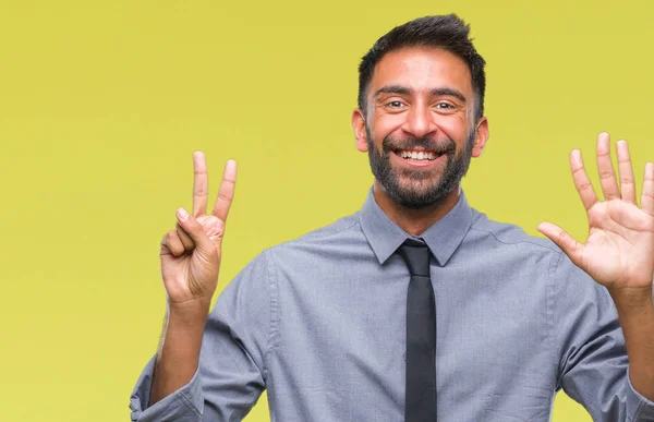 Дорослий Іспаномовний Бізнесмен Над Ізольованим Тлом Показуючи Вказуючи Пальцями Номер — стокове фото