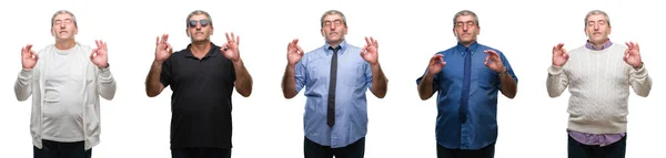 Коллаж Пожилого Седовласого Человека Над Белым Изолированным Задним Кулаком Расслабляется — стоковое фото