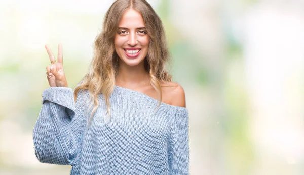 Beautiful Young Blonde Woman Wearing Winter Sweater Isolated Background Showing — Stock Photo, Image