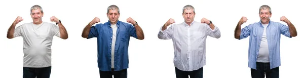 Colagem Homem Hoary Sênior Sobre Backgroud Isolado Branco Mostrando Músculos — Fotografia de Stock