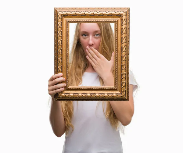 Blonde Teenager Woman Holding Vintage Frame Art Cover Mouth Hand — Stock Photo, Image