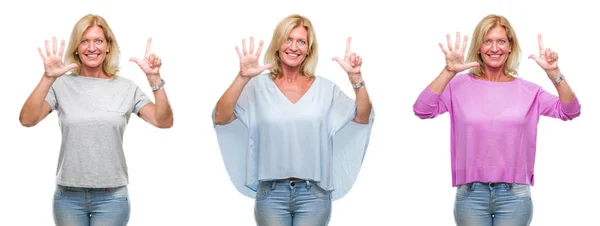 Collage Beautiful Middle Age Blonde Woman White Isolated Backgroud Showing — Stock Photo, Image