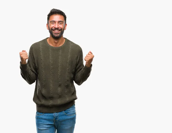 Homem Hispânico Adulto Vestindo Camisola Inverno Sobre Fundo Isolado Celebrando — Fotografia de Stock