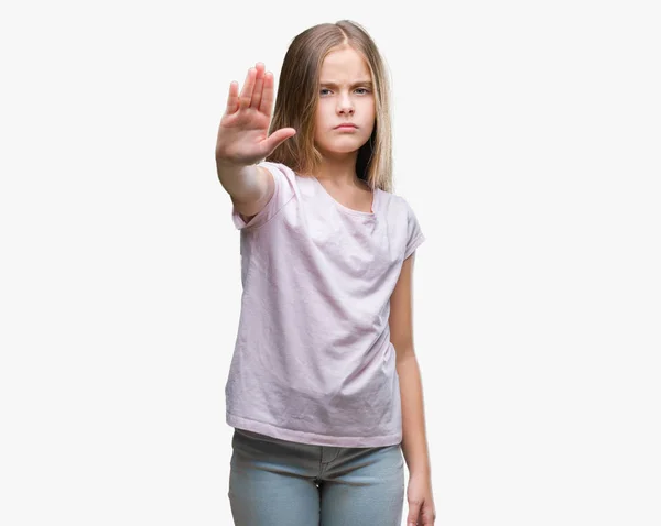 停止を行う分離の背景に美しい少女は 手のひらの上で歌います 顔に否定的な深刻なジェスチャーで警告式 — ストック写真