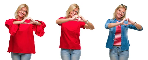 Collage Van Middenleeftijd Mooie Blonde Vrouw Witte Geïsoleerde Backgroud Glimlachend — Stockfoto