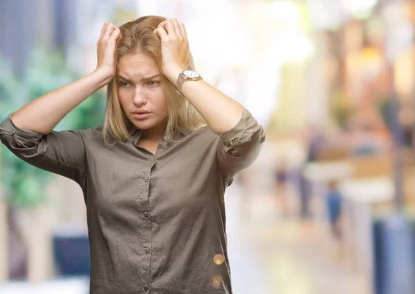 Genç Beyaz Kadını Çünkü Umutsuz Stresli Baş Ağrısı Acı Izole — Stok fotoğraf