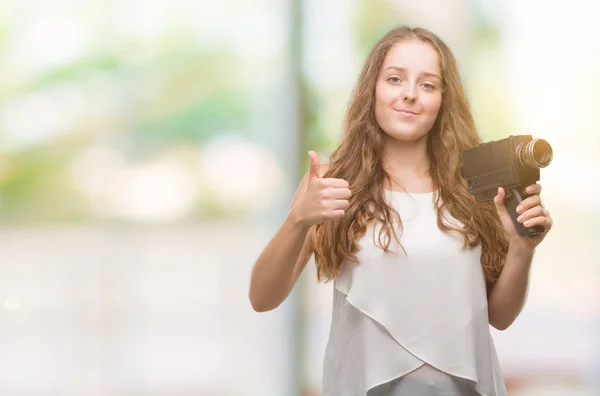 Young Blonde Woman Holding Super Video Camera Happy Big Smile — Stock Photo, Image