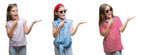 Colagem Criança Pequena Menina Usando Óculos Sol Sobre Fundo Isolado — Fotografia de Stock