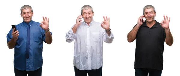 Collage Van Senior Grijze Man Met Smartphone Witte Geïsoleerde Backgroud — Stockfoto