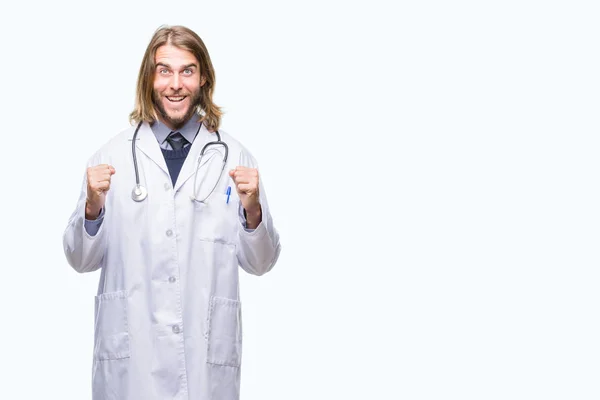 Young Handsome Doctor Man Long Hair Isolated Background Celebrating Surprised — Stock Photo, Image