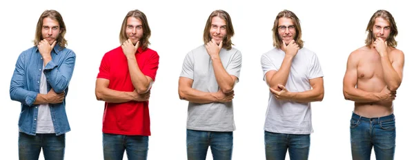 Collage Handsome Young Man Wearing Casual Look White Isolated Backgroud — Stock Photo, Image