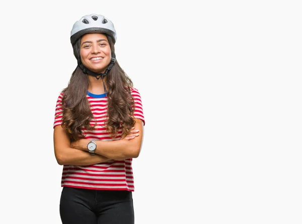 Jovem Ciclista Árabe Mulher Usando Capacete Segurança Sobre Fundo Isolado — Fotografia de Stock