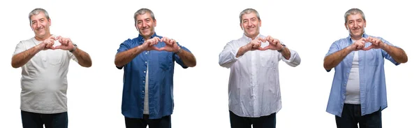 Collage Van Senior Hoary Man Witte Geïsoleerde Backgroud Glimlachend Liefde — Stockfoto