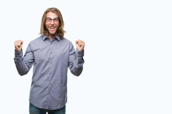 Young Handsome Business Man Long Hair Isolated Background Celebrating Surprised — Stock Photo, Image