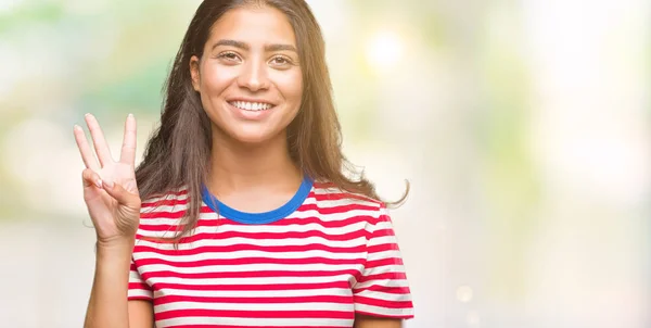 Joven Mujer Árabe Hermosa Sobre Fondo Aislado Mostrando Señalando Hacia — Foto de Stock