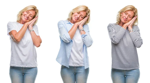 Collage Hermosa Mujer Rubia Mediana Edad Sobre Fondo Blanco Aislado —  Fotos de Stock