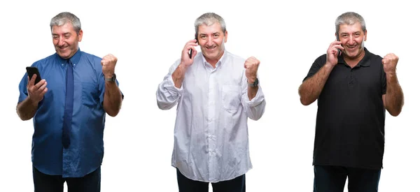 Collage Van Senior Grijze Man Met Smartphone Witte Geïsoleerde Backgroud — Stockfoto