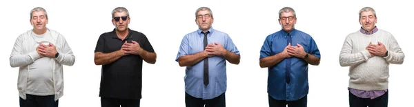 Коллаж Пожилого Седовласого Человека Над Белой Изолированной Затылочной Улыбкой Руками — стоковое фото