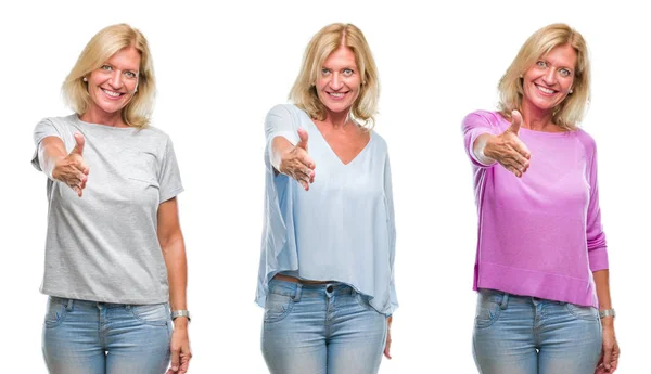 Collage Vackra Medelålders Blond Kvinna Över Vita Isolerade Backgroud Leende — Stockfoto