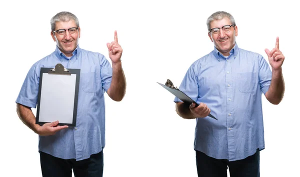 Collage Eines Hochrangigen Geschäftsmannes Mit Klemmbrett Über Weißem Isoliertem Hintergrund — Stockfoto