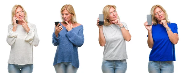 Collage Hermosa Mujer Rubia Mediana Edad Usando Teléfono Inteligente Sobre — Foto de Stock