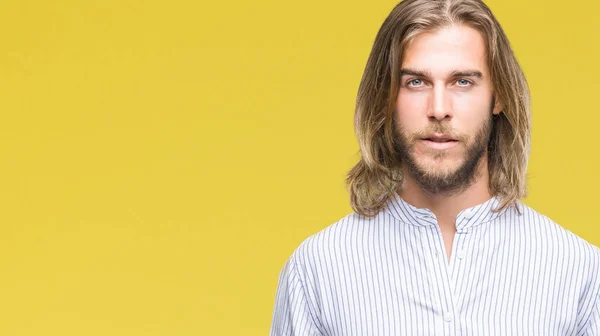 Young Handsome Man Long Hair Isolated Background Serious Expression Face — Stock Photo, Image