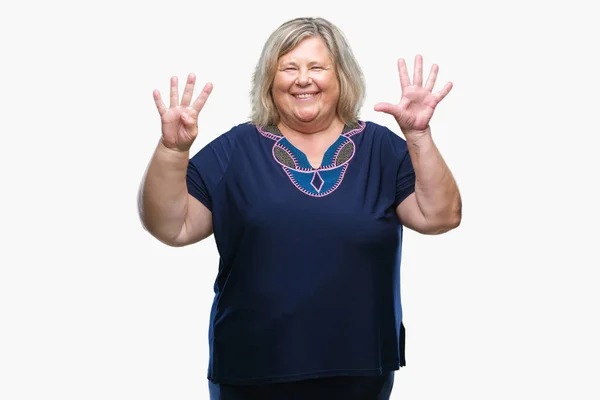 Senior Size Kaukasierin Über Isoliertem Hintergrund Die Mit Fingern Nummer — Stockfoto