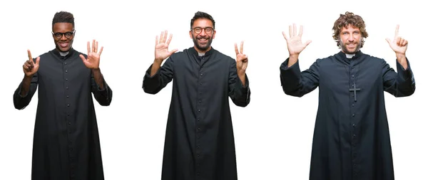 Collage Christian Priest Men Isolated Background Showing Pointing Fingers Number — Stock Photo, Image