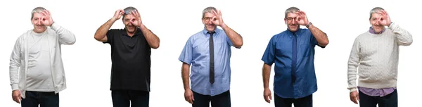 Collage Senior Hoary Man White Isolated Backgroud Doing Gesture Hand — Stock Photo, Image
